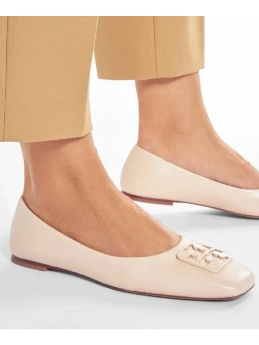 Tory Burch Georgia Ballet Flats Women’s Size 8 Cream Leather Square Toe Logo